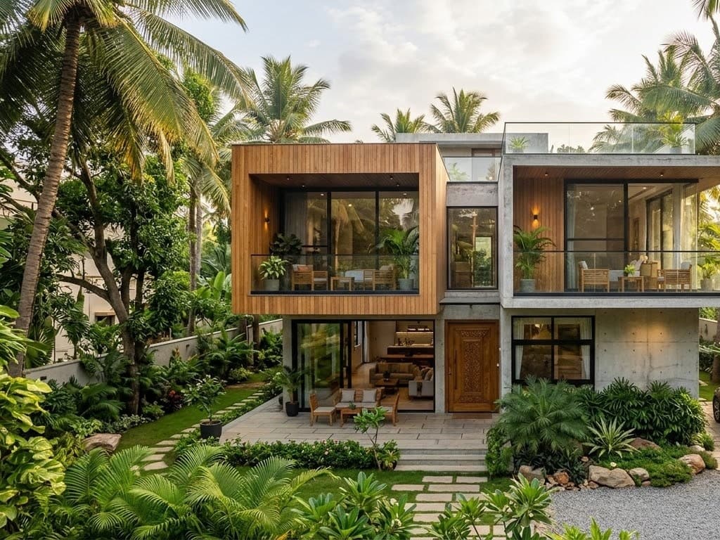 Villa exterior and landscaped garden